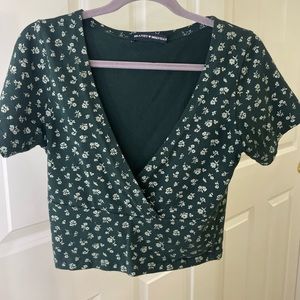 Brandy Melville green floral crossover tee